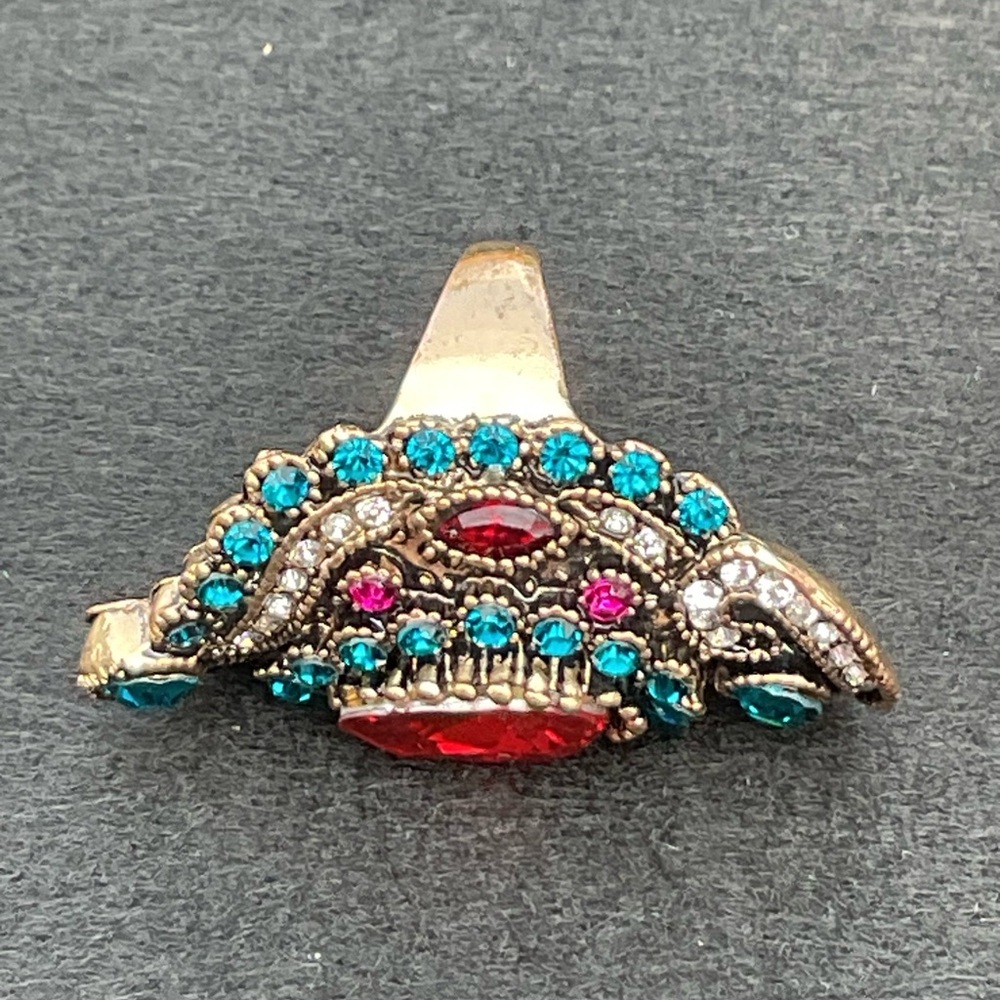 Vintage Turkish Red Crystal Turquoise CZ Statement Ring Gold Rare Luxe Boho - Picture 2 of 9